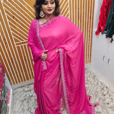 Stone work  Weightless Jorjet Party Saree pink Colour