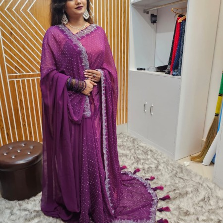 Stone work  Weightless Jorjet Party Saree Jam Colour