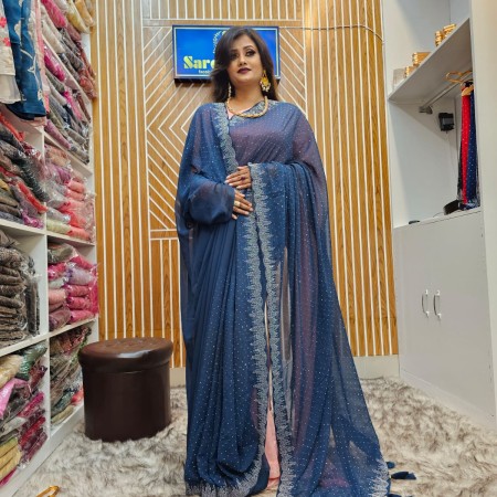 Stone work  Weightless Jorjet Party Saree Blue Colour